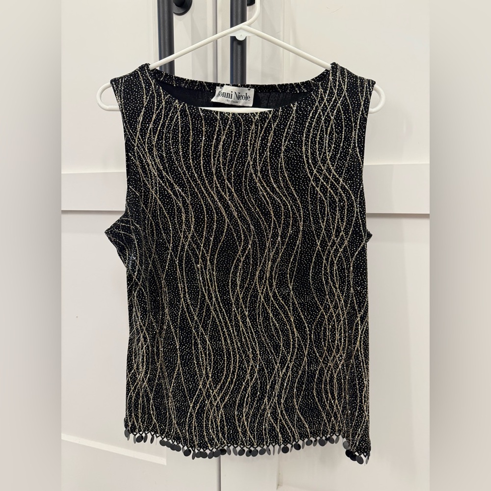 Vintage Ronni Nicole Black and Gold Wave Pattern Tank Top with sequins